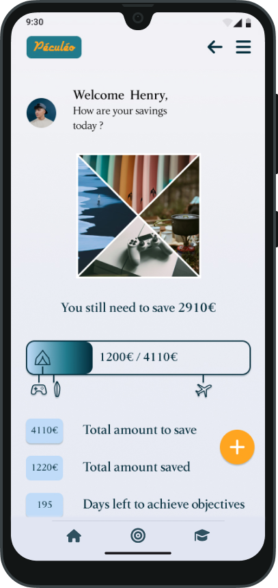 Péculéo homepage with savings dashboard — top