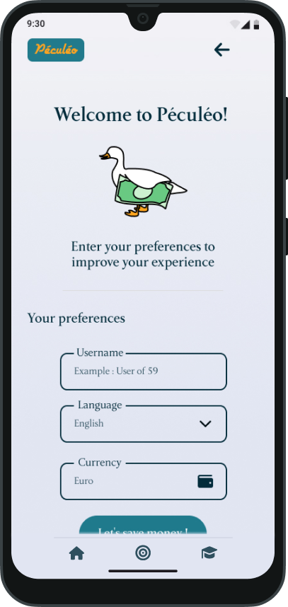 Péculéo onboarding screen with mascot goose